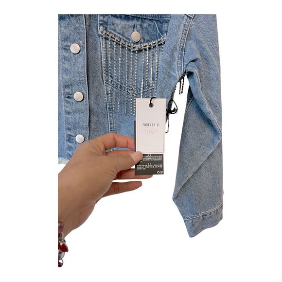 Forever 21 Light Blue Fringe Hem Denim Jacket with Rhinestones-Small - Picture 4 of 7